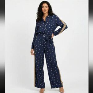 Farm Rio Evil Eye Wink Wink Jumpsuit Satin Gold Fun Print Size Small Women's